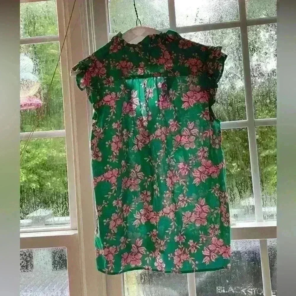 JCREW XS Sleeveless Ruffle Pink Green Top